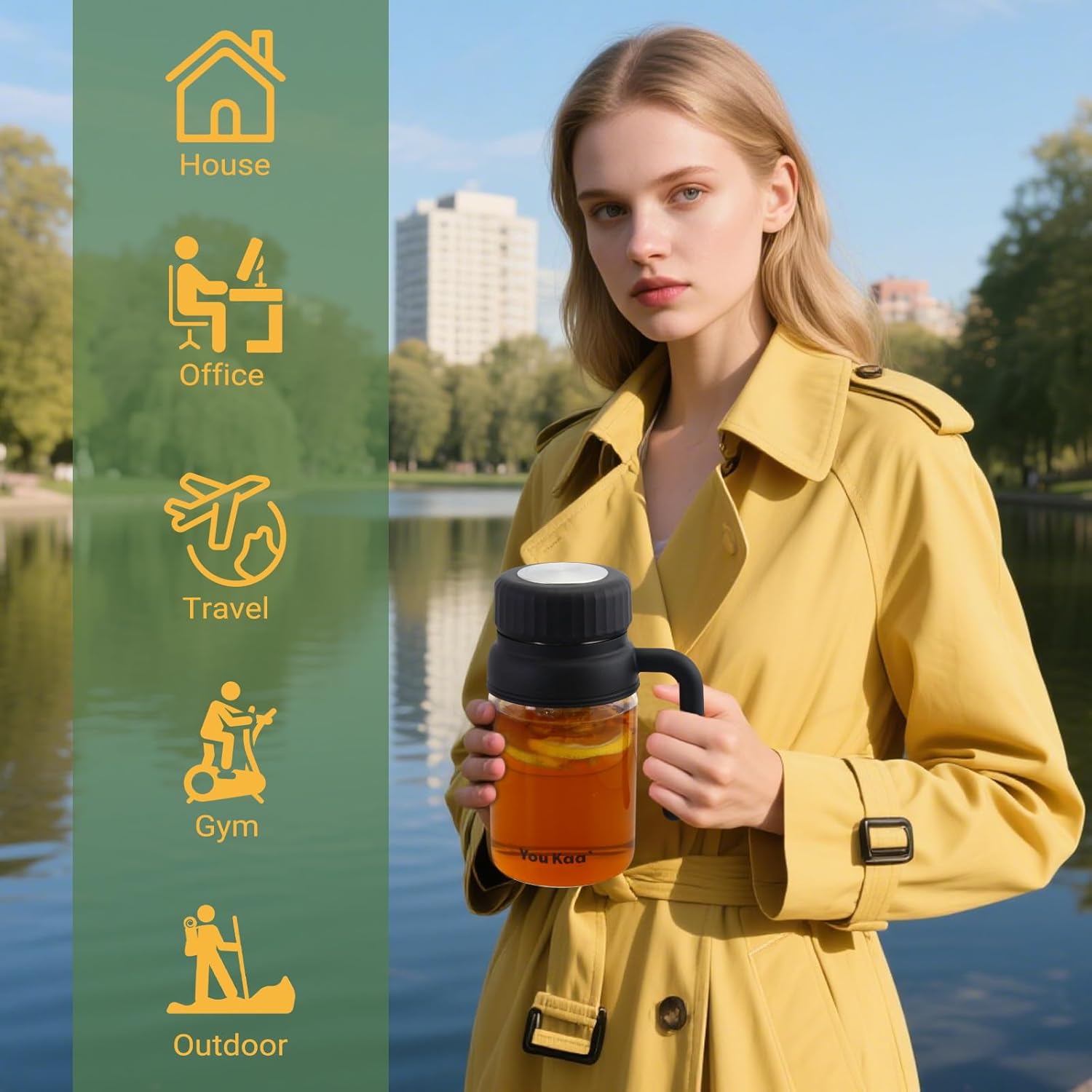 32oz Glass Water Bottle, Tea Bottle with Infuser & Handle, BPA-Free Leakproof Wide Mouth Large Tea Infuser Bottle for Hot or Cold Drinks, Loose Tea, Fruit (White)