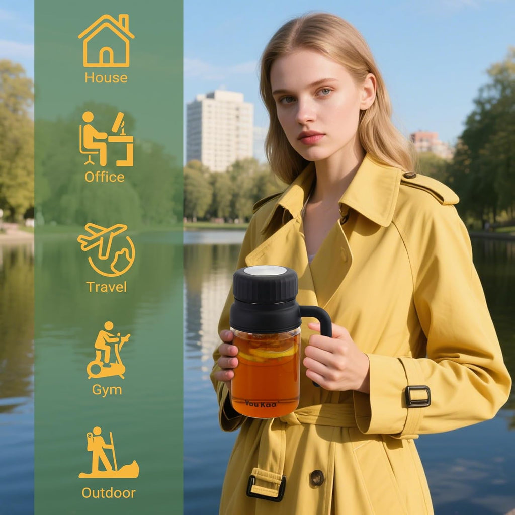 32oz Glass Water Bottle, Tea Bottle with Infuser & Handle, BPA-Free Leakproof Wide Mouth Large Tea Infuser Bottle for Hot or Cold Drinks, Loose Tea, Fruit (Black)