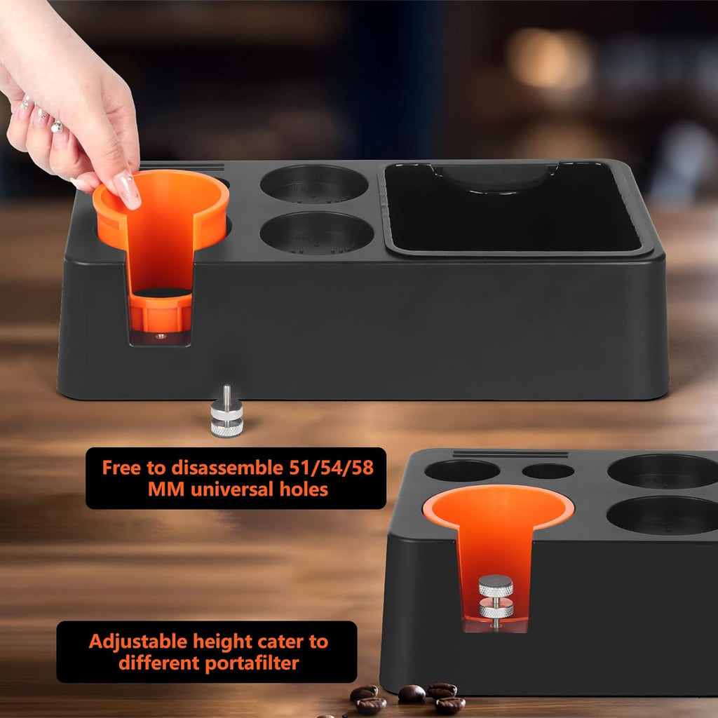 Espresso Knock Box with Storage – 3-in-1 Coffee Organizer & Espresso Tamping Station for 51mm, 53mm, 58mm Tamper – Non-Slip Base, Removable Knock Bin – Barista Accessories Holder for Espresso Machine
