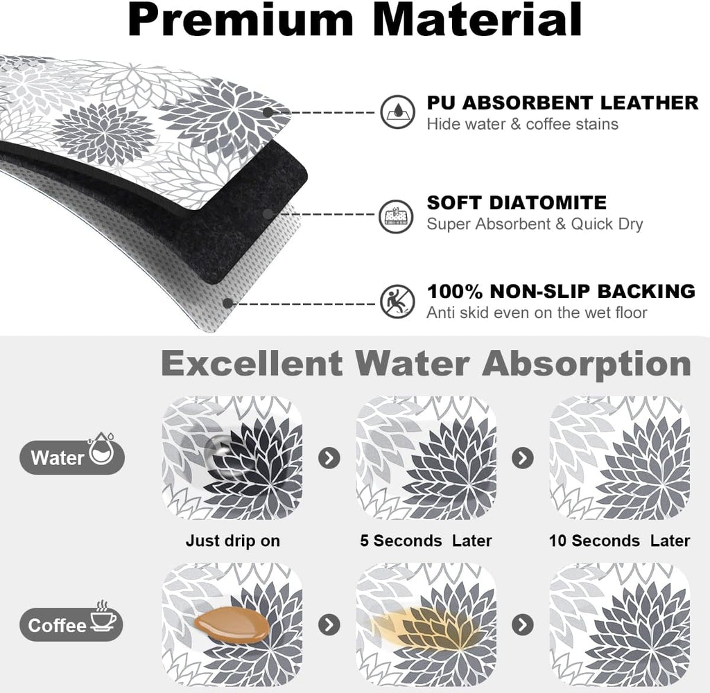Findosom 2PCS 16" x 24" Dish Drying Mat & 24" x 5.5" Sink Splash Guard, Super Absorbent & Cuttable Dish Mat Drying Kitchen Mat with Gray Floral, Hide Stain Drying Mat for Kitchen Counter