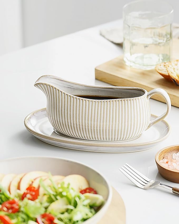 Getstar Gravy Boat with Saucer, Cranberry Sauce Dish Thanksgiving, Ceramic Gravy Dish Bowl, Microwave & Dishwasher Safe (Embossed Stripes)