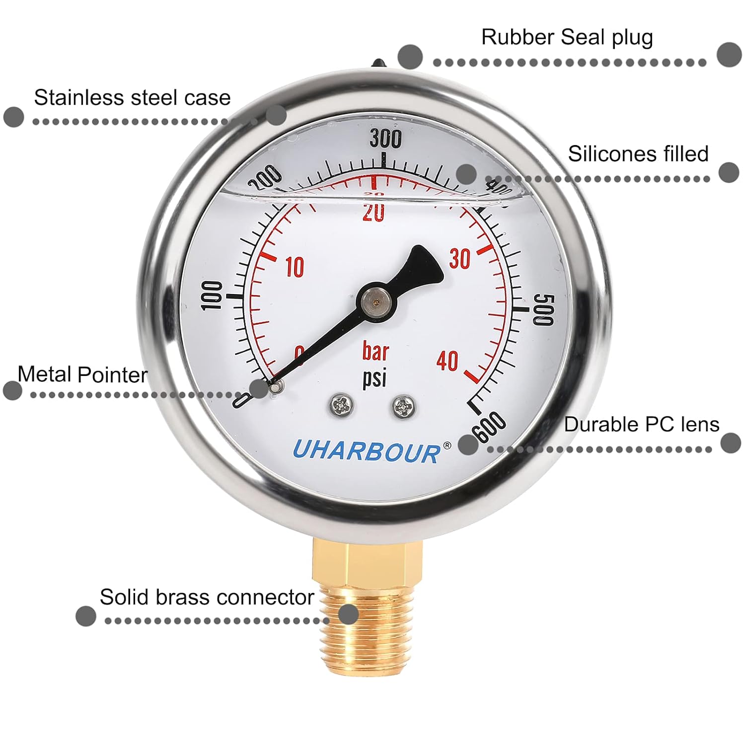 Glycerin Filled Pressure Gauge 600psi/40bar, Stainless Steel case, Brass Inside Construction, 2-1/2" dial, 1/4" NPT Rear Connection.