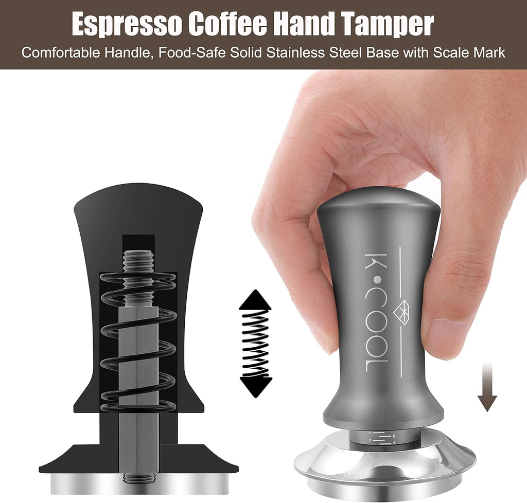 K COOL Espresso Tamper, Coffee Tamper, Premium Barista Tools Tamper with Calibrated Spring 30lb, 100% Stainless Steel Flat Base Tamper with Scale Mark for Espresso Coffee Machine (53mm, Silver)
