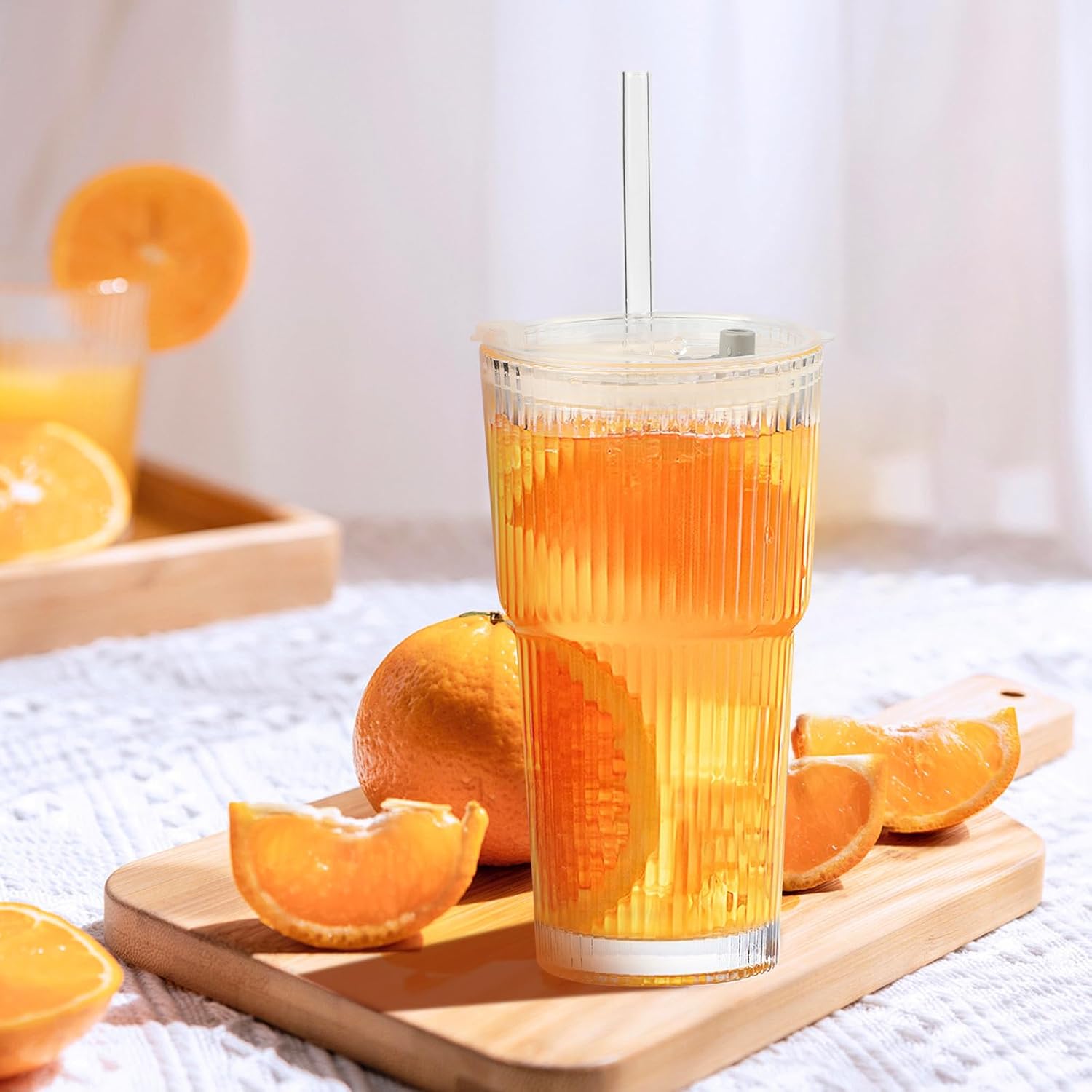 20oz Glass Cups with Lids and Straws, 4 Pack Vintage Ribbed Glass Tumblers for Iced Coffee, Smoothies, Thickened Wall Mason Jar Drinking Iced Coffee Cup