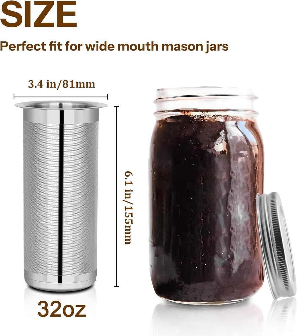 Cold Brew Coffee Filter for 1 Quart Wide Mouth Mason Jar, Double Layer 304 Stainless Steel Filter Ultra Fine Mesh for Cold Brew, Iced Coffee and Iced Tea