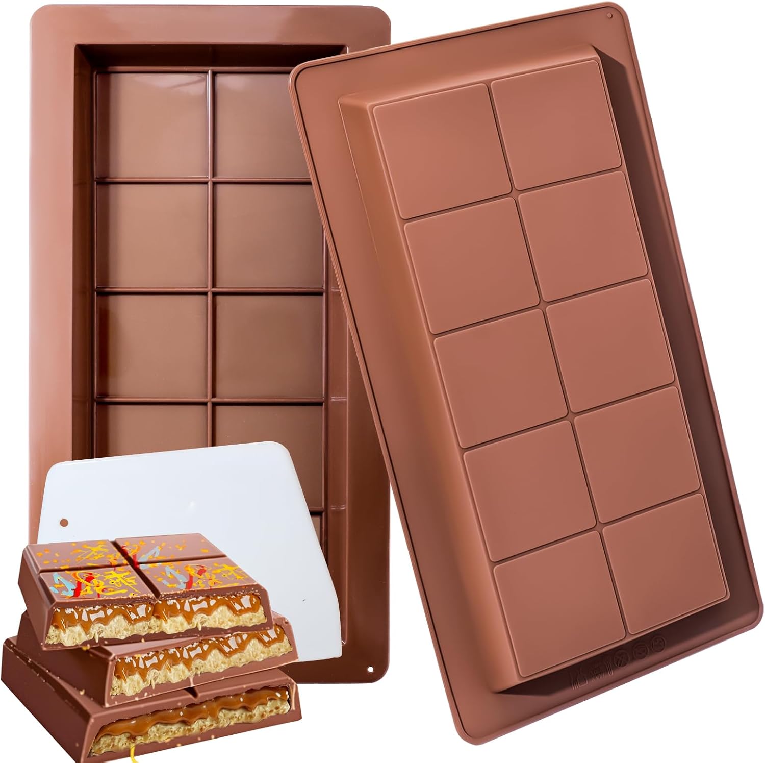 2 PCS Dubai Chocolate Bar Mold, Silicone Chocolate Mold 1 Inch Deep, dubai chocolate bar pistachio for Stuffed Bar with Scraper