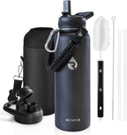 Insulated Water Bottle 40 oz, Triple Wall Vacuum Stainless Steel (Cold for 48 Hrs), Leak Proof & Non-BPA, Modern Water Flask Jug with Paracord Handle & Straw Spout Lids, Magic Black