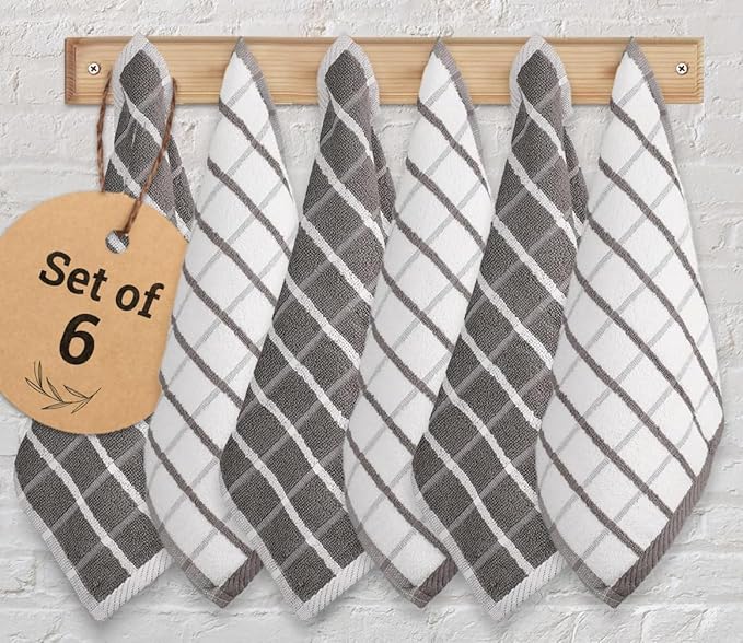 Urban Villa Dish Cloths Terry Cotton Pack of 6, Highly Absorbent Quick Drying Super Soft Premium Dish Towels for Kitchen with Hanging Loop Hand & Tea Towels - 12x12 Inch, (Grey & White, Checks)