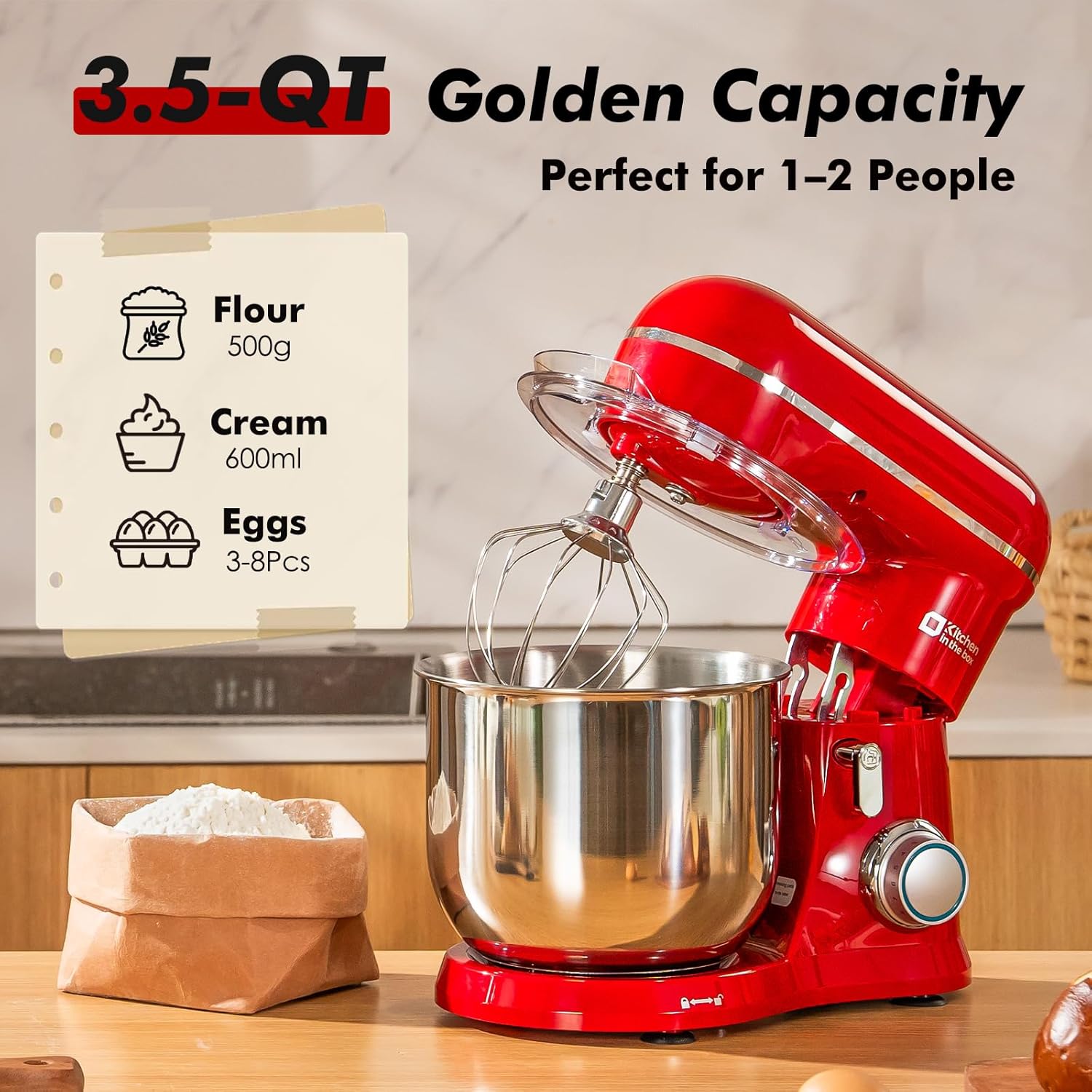 Kitchen in the Box Stand Mixer, 3.5 QT Small Electric Kitchen Mixer, 10-Speed Portable Lightweight Food Mixer with Stainless Steel Bowl, Egg Whisk, Dough Hook, Beater (Ruby Red)