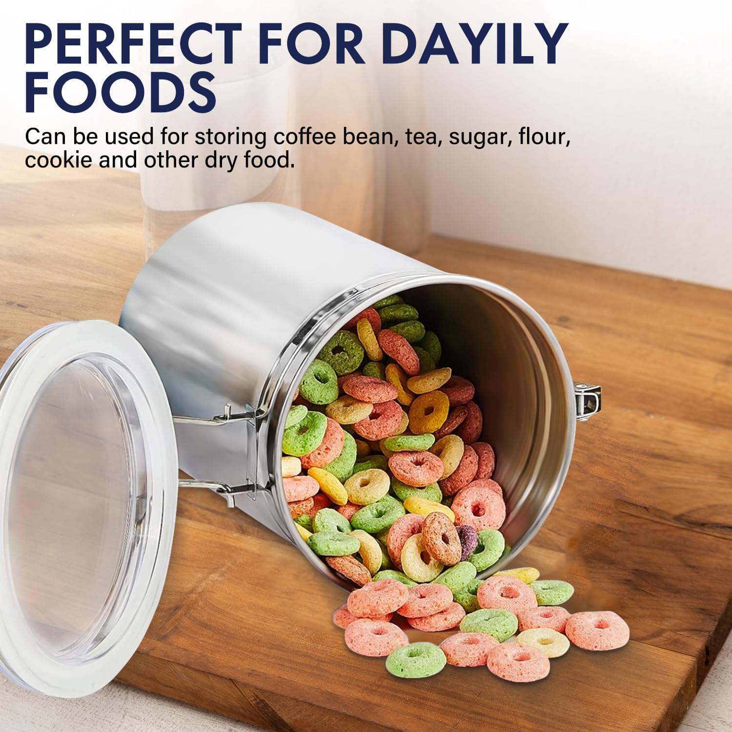 ENLOY 165oz Stainless Steel Airtight Canister for Kitchen, Large Flour Coffee Bean Tea Cereal Sugar Cookie Metal Food Storage Canisters with Clear Lid and Sturdy Locking Clamp