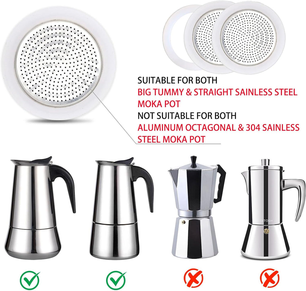 2 Pcs Filter with 3 Pcs Silicone Gasket Seals for 4 Cup Stovetop Espresso Coffee Maker Replacement Parts for Big Tummy and Straight Stainless Steel Moka Pot