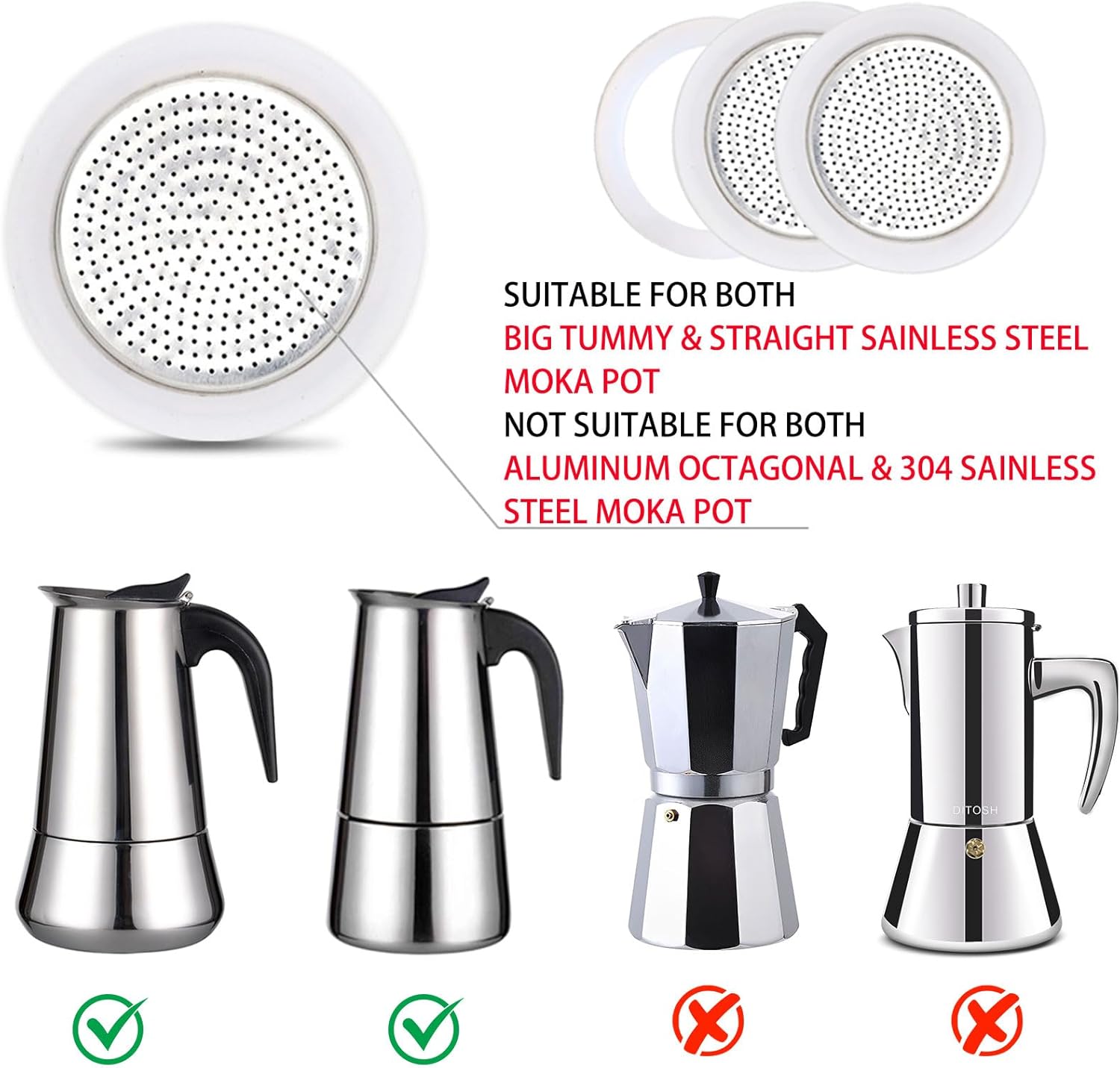 2 Pcs Filter with 3 Pcs Silicone Gasket Seals for 9 Cup 12 Cup Stovetop Espresso Coffee Maker Replacement Parts for Big Tummy and Straight Stainless Steel Moka Pot