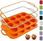 2 Packs 12 Cups Silicone Muffin Pan with Metal Reinforced Frame Regular Size Cupcake Pan Tray Egg Bites Silicone Cookie Molds Muffin Tin Tart Pans Baking Set for Easter Christmas holiday Cookie