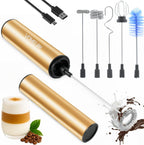Rechargeable Milk Frother Handheld Electric Frother Wand Milk Foamer Drink Mixer for Coffee, Lattes, Cappuccino, and Egg, Stainless Steel for Travel-Golden