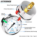 MEANLIN MEASURE 0~300Psi Liquid Filled Pressure Gauge 1/4" NPT 2.5" FACE DIAL Stainless Steel Glycerin Filled WOG Water Oil Air Back Mount (with 2PCS Snaps)