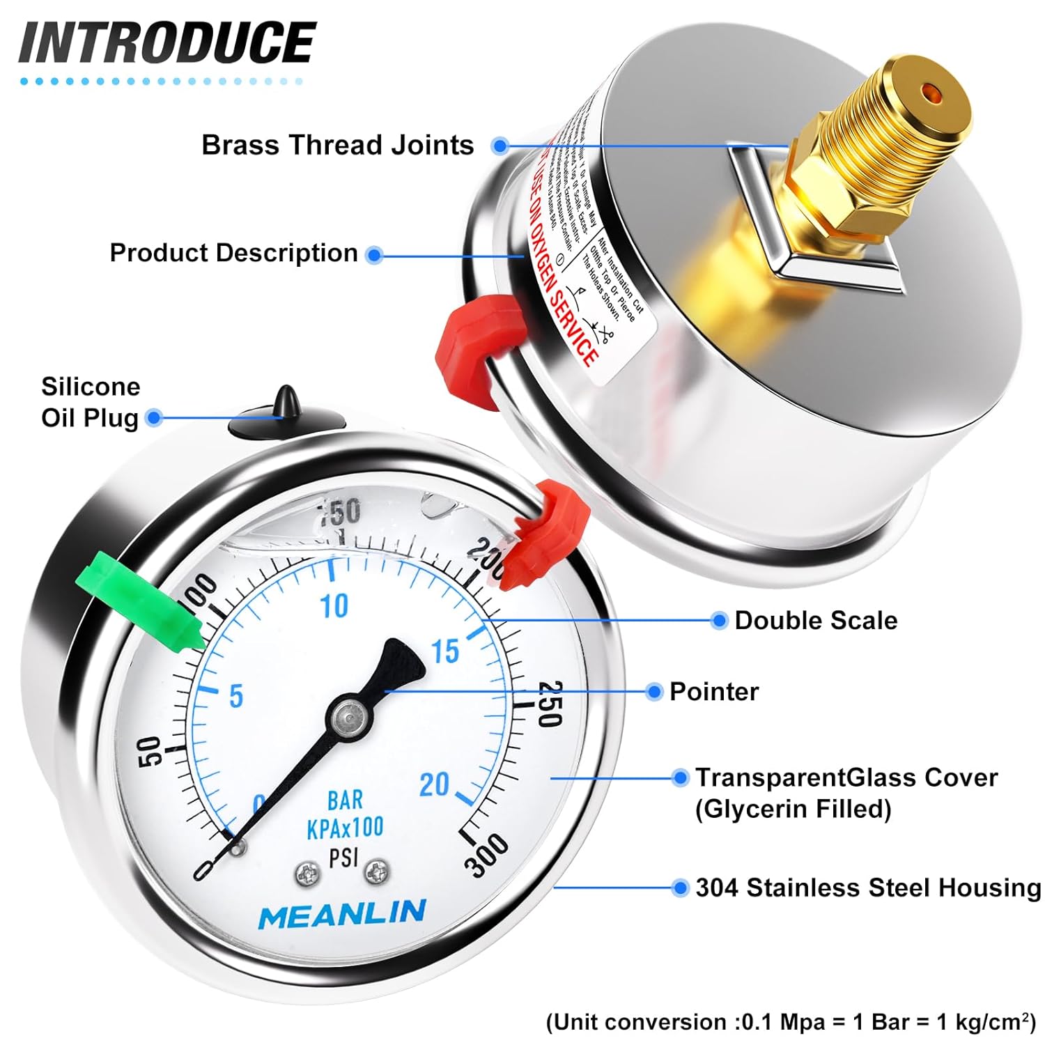 MEANLIN MEASURE 0~300Psi Liquid Filled Pressure Gauge 1/4" NPT 2.5" FACE DIAL Stainless Steel Glycerin Filled WOG Water Oil Air Back Mount (with 2PCS Snaps)