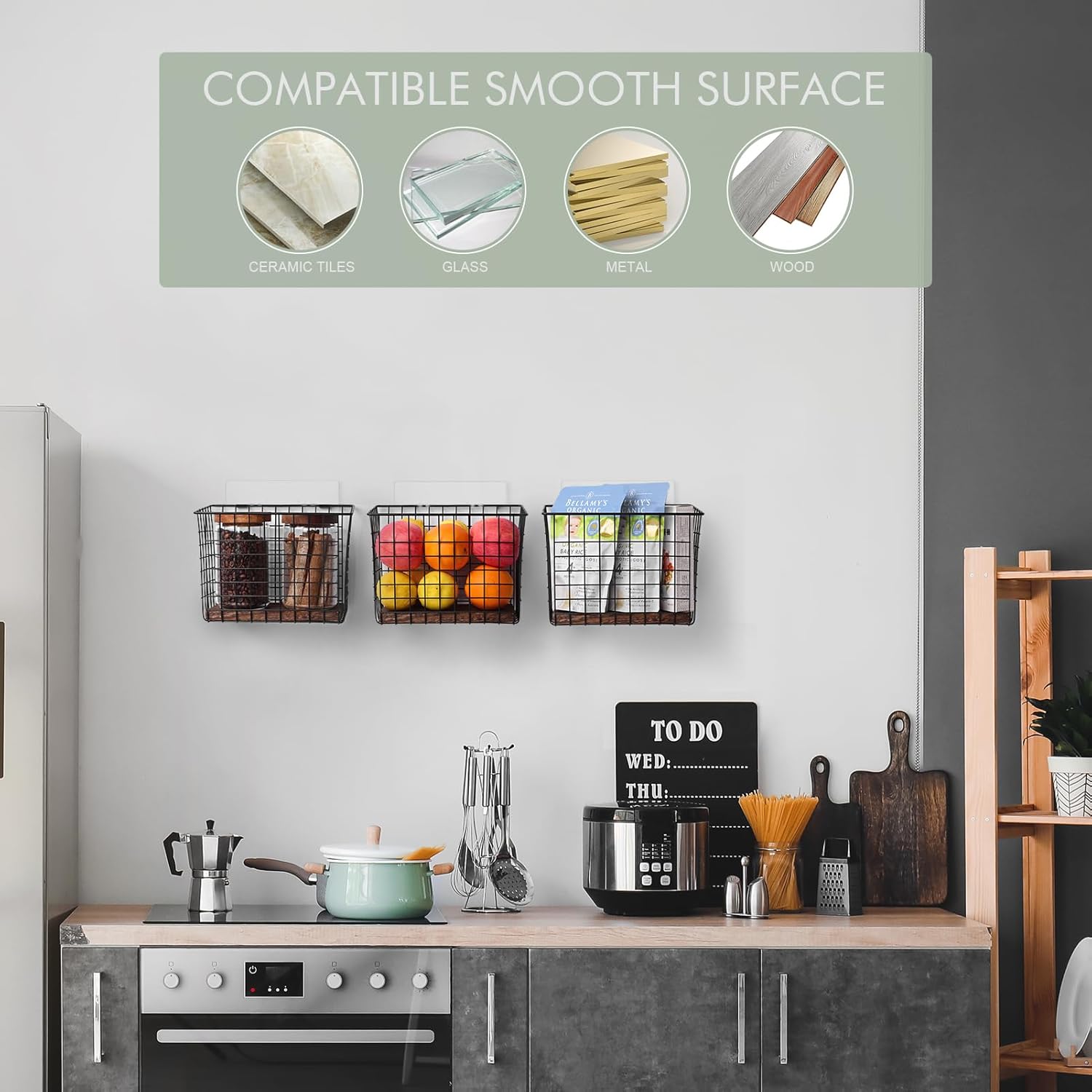 Wall Hanging Baskets 3 Pack, Large Diversified Wire Basket Shelves of Wooden Style, with Wall Mounted Metal Hooks & Traceless Stickers, for Kitchen Coffee Bar Office Room Garage Storage Organization