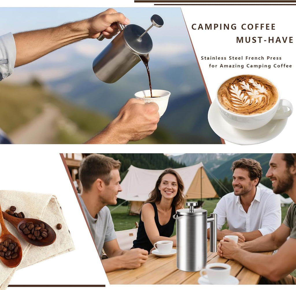 French Press 34 oz, Full Stainless Steel French Press Coffee Maker 4 Cups, Upgrated Double-Walled Insulated French Coffee Presses, Food Grade Good for Kitchen Camping, Dishwasher Safe 2 More Filters
