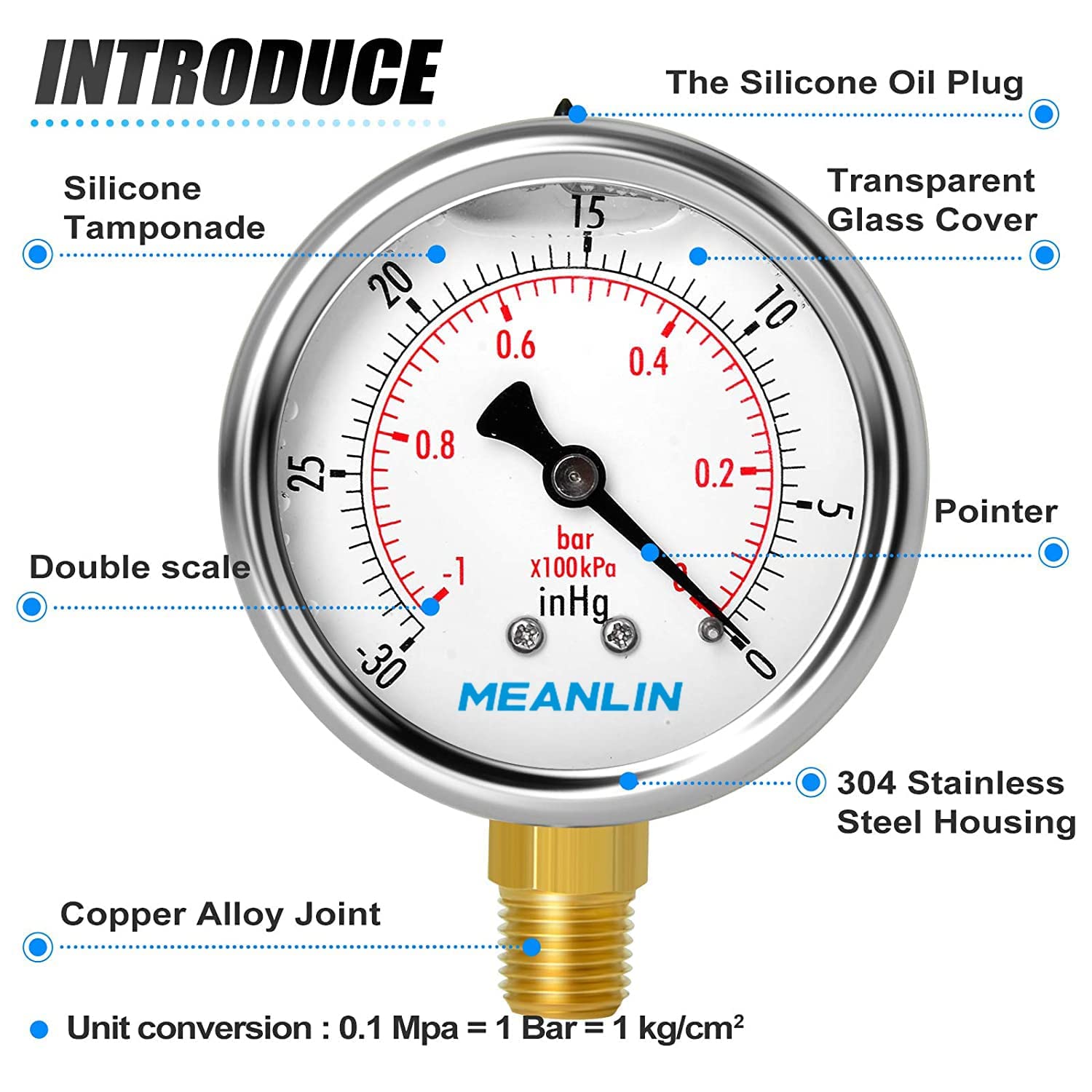 MEANLIN MEASURE -30inHG~0Psi Stainless Steel 1/4" NPT 2.5" FACE DIAL Vacuum Pressure Gauge, Lower Mount (Pack of 2), with 1/2" NPT and 3/8" NPT Hex Bushing
