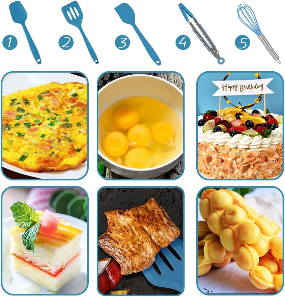 Mini Kitchen Utensil Set - Five-Piece Set, Tiny Silicone Kids Kitchen Tools - Whisk, Tongs, Spoon, Slotted Spatula - Blue