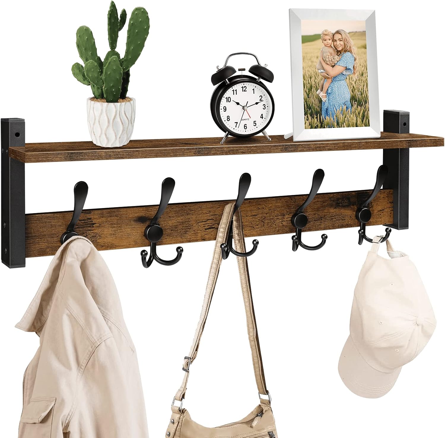 Homode Rustic Brown Wall Mount Coat Rack with Shelf and 5 Tri Hooks, Wood Coat Hangers for Hanging Hat, Towel, Purse, Jacket