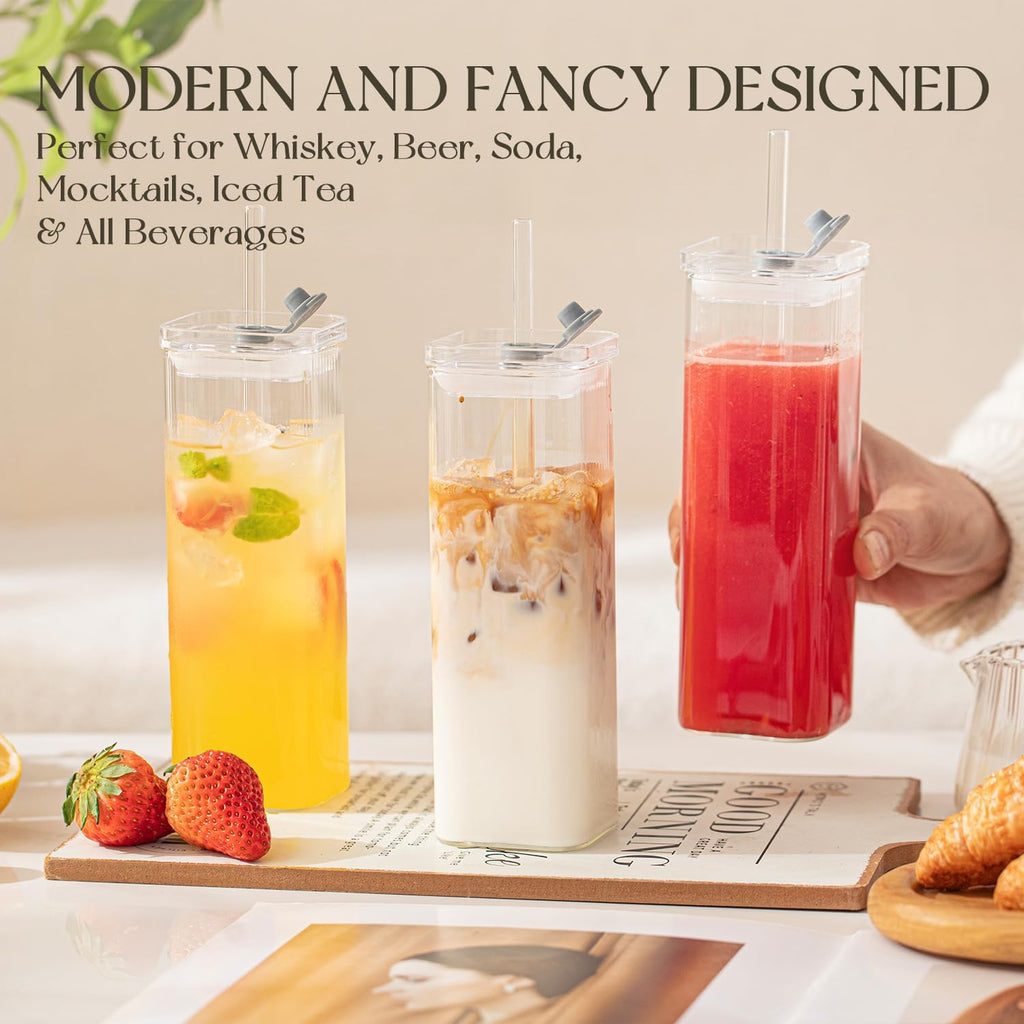 6 Sets Square Drinking Glass Cups, Old Fashioned Glasses, 17 Oz Square Glasses, Clear Highball Modern Glassware Tumbler Mixed Drinkware with Straws for Cocktail Coffee Juice Beer (Square-6PCS)