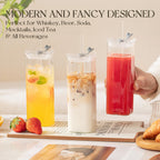 6 Sets Square Drinking Glass Cups, Old Fashioned Glasses, 17 Oz Square Glasses, Clear Highball Modern Glassware Tumbler Mixed Drinkware with Straws for Cocktail Coffee Juice Beer (Square-6PCS)