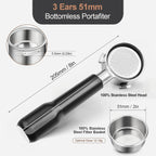 51mm Bottomless Portafilter & Puck Screen, 3 Ears Stainless Steel Head, Only Compatible with De'Longhi EC680, EC685, EC885, and SMEG ECF01, Includes 304 Stainless Steel Filter Basket