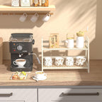 Wicker-Look Coffee Station Organizer, Bamboo Mug Holder Countertop, Kitchen Counter Shelf for Tea Coffee Bar Accessories, Matcha Stand, Cup Display, Condiment Storage Rack, 2 Tier, White