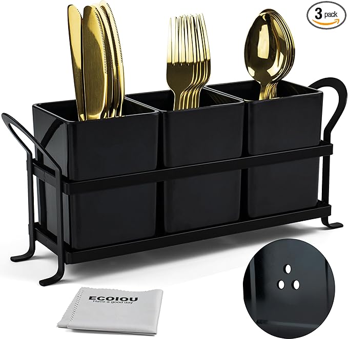 Cutlery Holder with Drain Holes, Dishwasher Safe Silverware Caddy for Party, Kitchen Counter, 3pcs Bins Set Countertop Utensil Holder for Spoons, Forks and Knives, Black