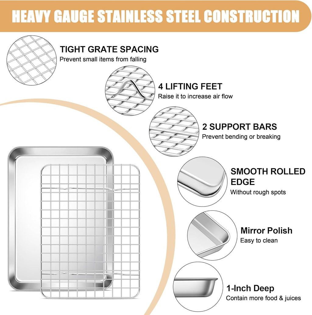 E-far Baking Sheet with Rack Set, 9.5” x 7.3” Stainless Steel Cookie Sheet Baking Pan for Toaster Oven, Mini Metal Tray with Cooling Wire Rack for Cooking Roasting, Non-toxic & Dishwasher Safe