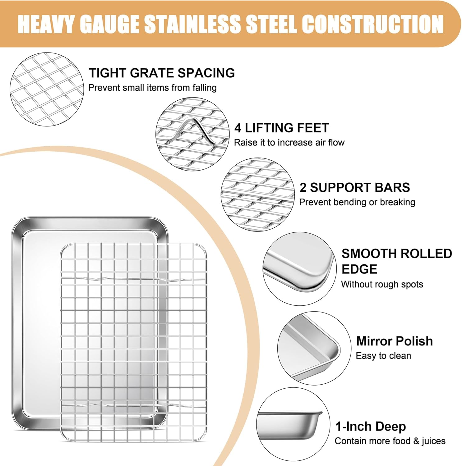 E-far Baking Sheet with Rack Set, 9.5” x 7.3” Stainless Steel Cookie Sheet Baking Pan for Toaster Oven, Mini Metal Tray with Cooling Wire Rack for Cooking Roasting, Non-toxic & Dishwasher Safe