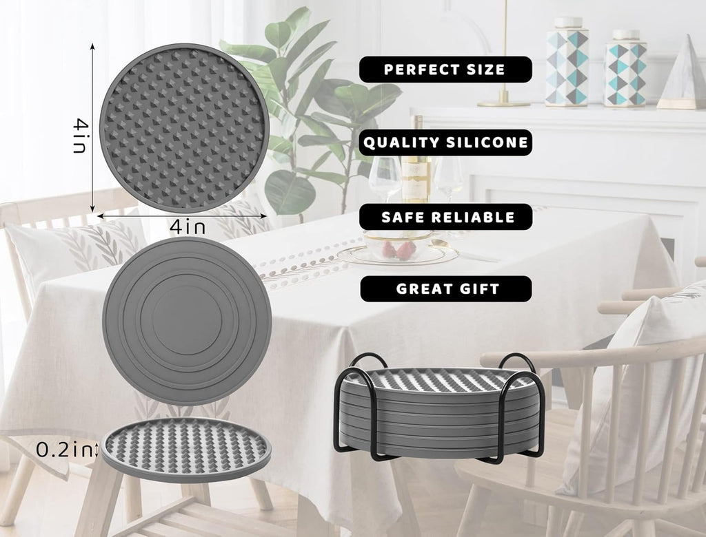 Coasters for Drinks 6 Pack Drink Coasters with Holder,Heat Resistant Silicone Cup Mat Tabletop Protection,Non-Slip Rubber Coaster for Kinds of Cups (Grey)