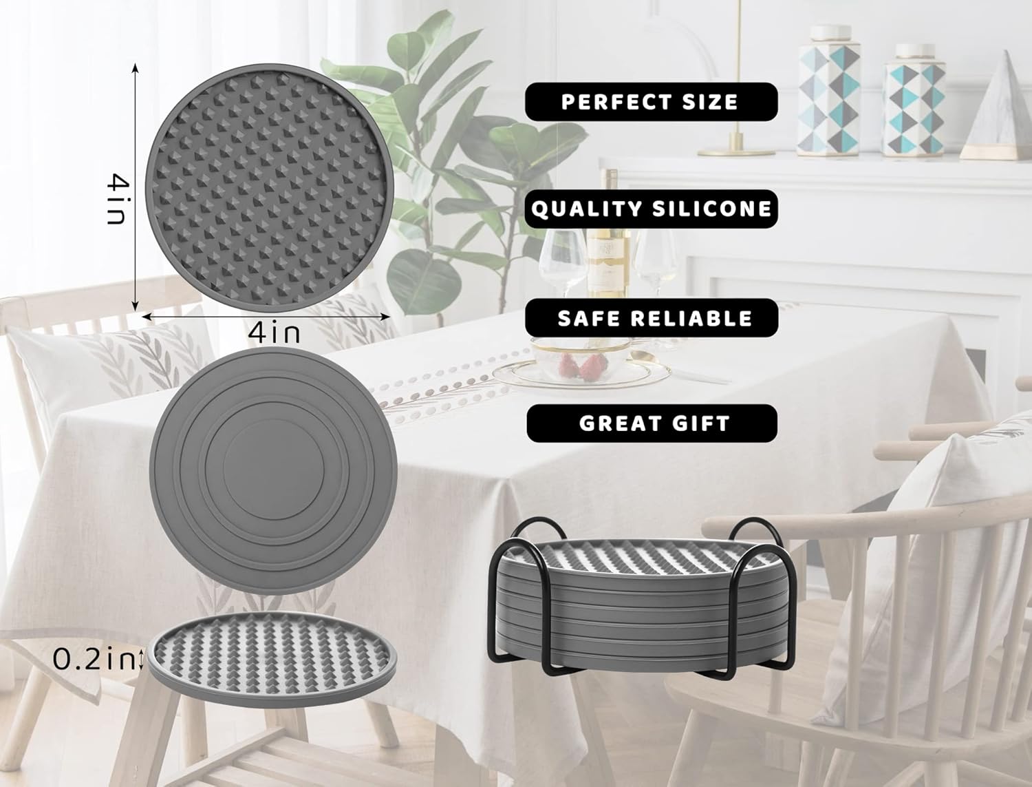 Coasters for Drinks 6 Pack Drink Coasters with Holder,Heat Resistant Silicone Cup Mat Tabletop Protection,Non-Slip Rubber Coaster for Kinds of Cups (Grey)