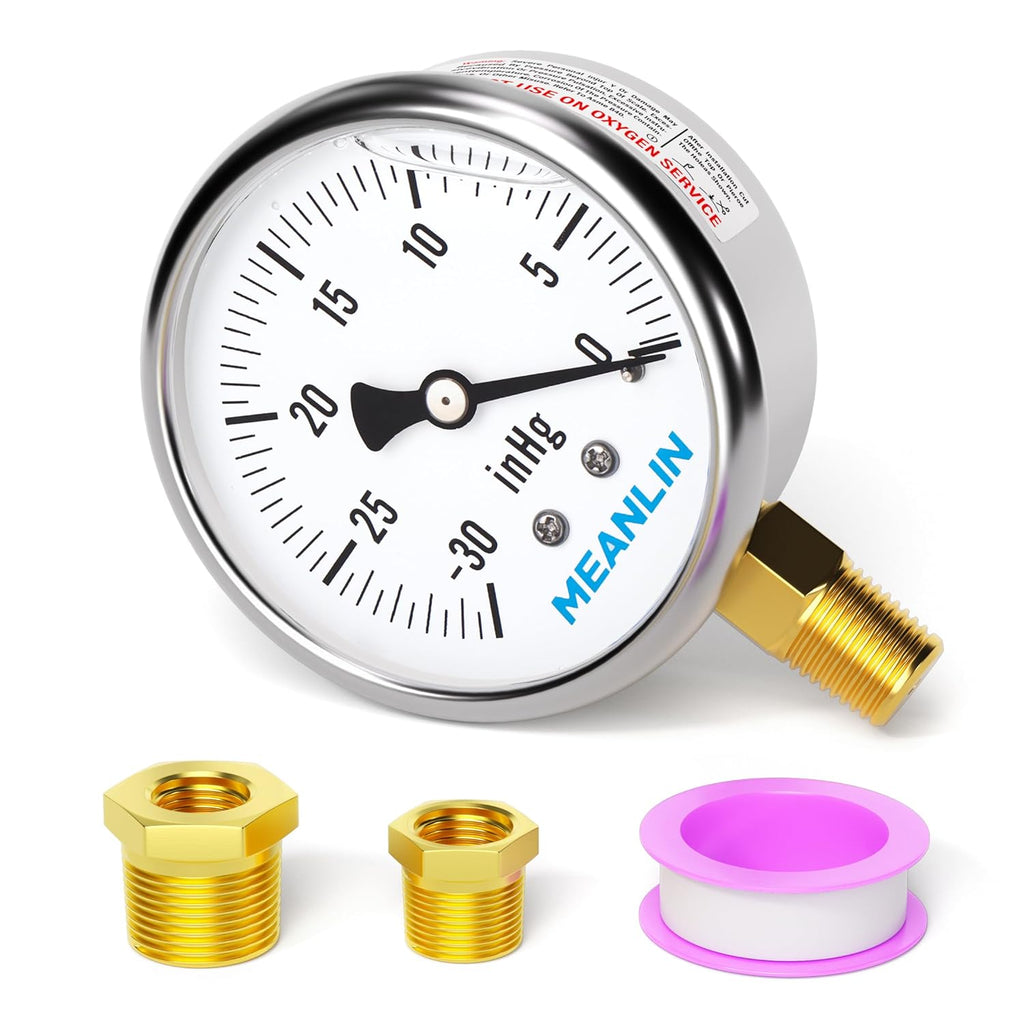 MEANLIN MEASURE -30~0Psi Stainless Steel 1/4" NPT 2.5" FACE DIAL,Vacuum Liquid Filled Pressure Gauge,Single Scale, WOG Water Oil Air Lower Mount, with 1/4" x 1/2" NPT and 1/4" x 3/8" NPT Hex Bushing