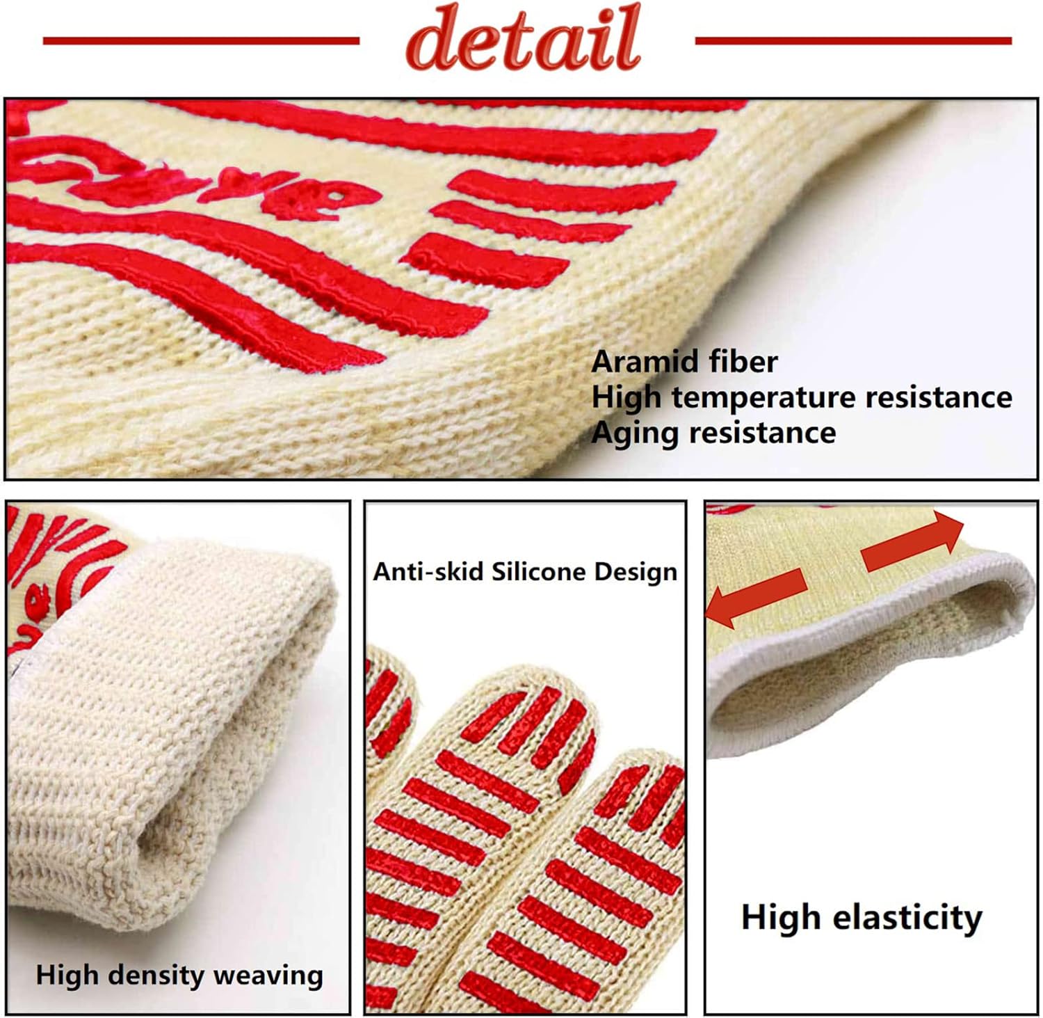 Oven Gloves, Heat Resistant 540 Degrees Grilling Gloves, Hot Surface Handler Non-Slip Silicone Oven Mitts with Fingers, BBQ Gloves for Cooking/Kitchen/Baking, Pack of 2