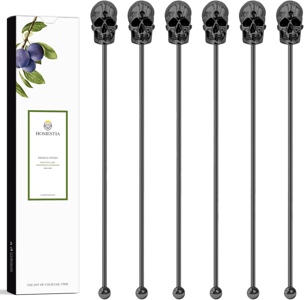 Homestia 6Pcs Skull Swizzle Sticks 7.5inch Coffee Stirrers Reusable Stainless Steel Beverage Cocktail Stirrer for Bar Halloween Party Mixing Drinks (Black)