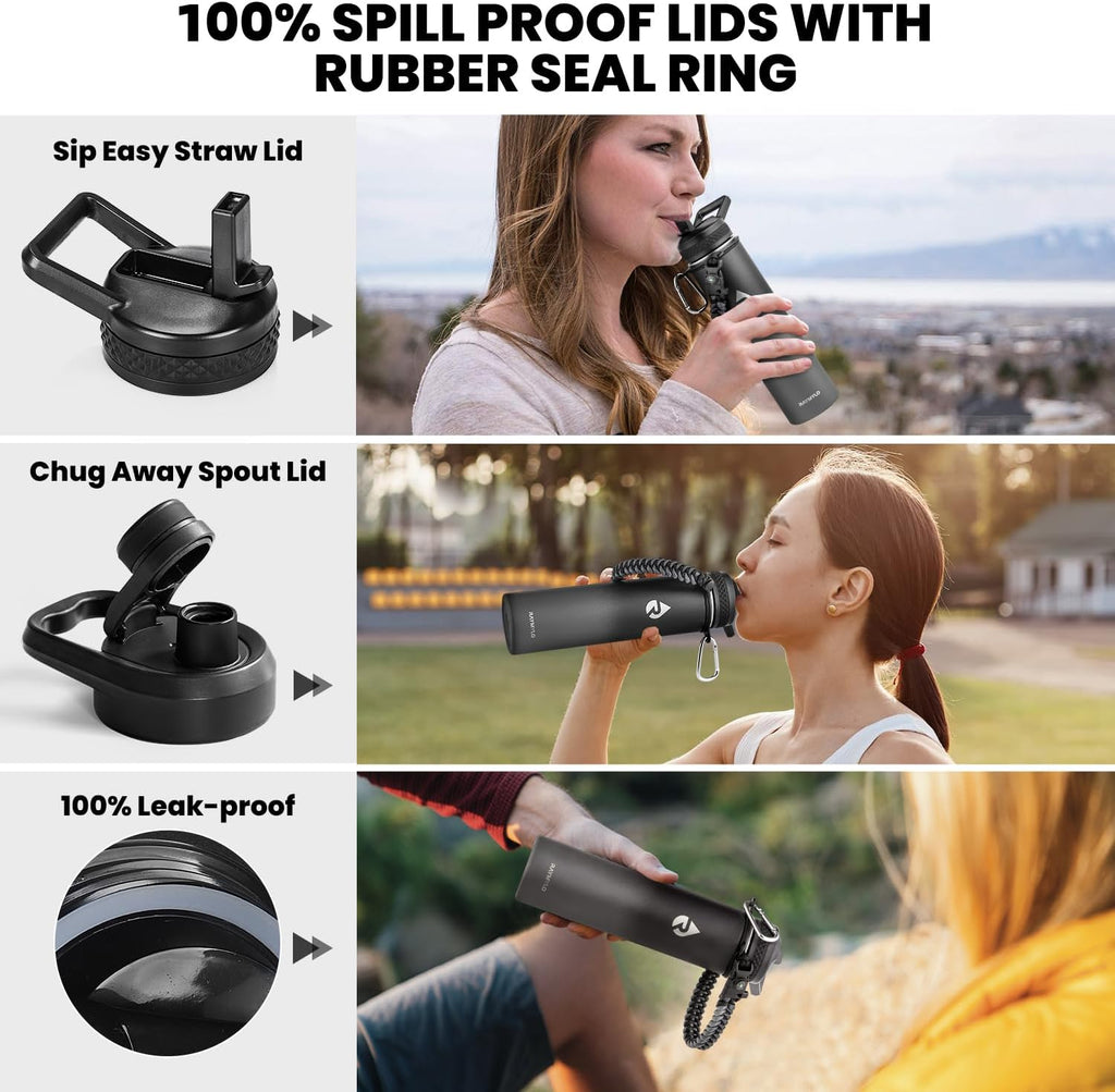 Insulated Water Bottle 24oz, Triple Wall Vacuum Stainless Steel (Cold for 48 Hrs, Hot for 24Hrs), Leak Proof & Non-BPA, 24oz Hydro Water Flask with Paracord Handle & Straw Spout Lids