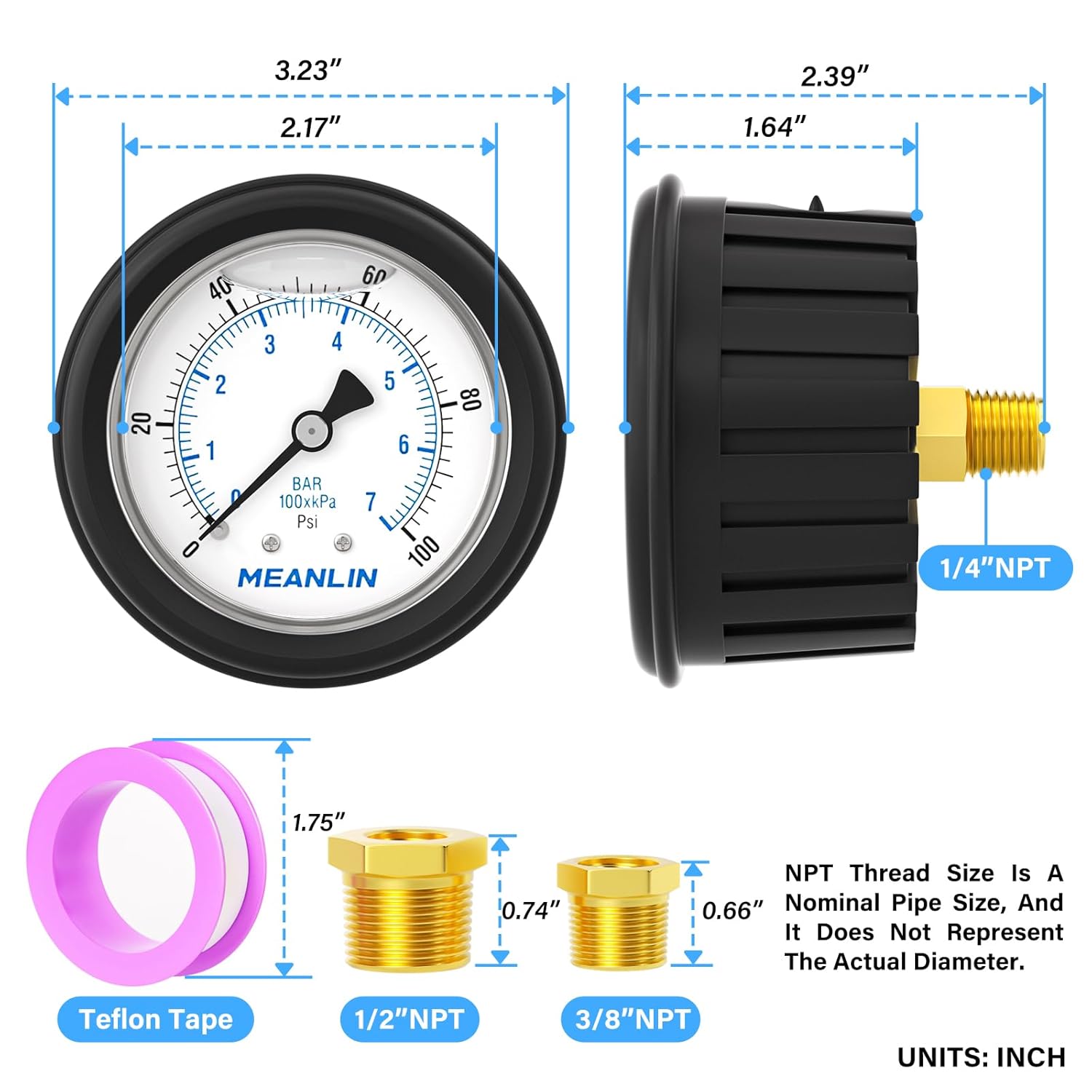 MEANLIN MEASURE 0~100Psi Stainless Steel 1/4" NPT 2.5" FACE DIAL,Liquid Filled Pressure Gauge, Center Back Mount (with Rubber Protective Sleeve), with 1/2" NPT and 3/8" NPT Hex Bushing
