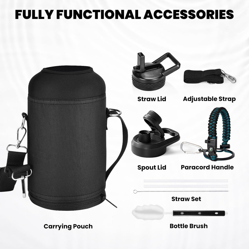 Insulated Water Bottle 64 oz, Triple Wall Vacuum Stainless Steel (Cold for 48 Hrs), Leak Proof & Non-BPA, Half Gallon Water Flask Jug with Paracord Handle & Straw Spout Lids