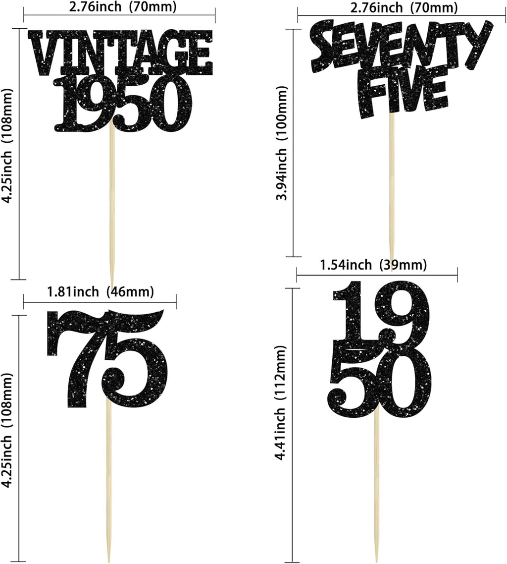 Gyufise 24Pcs Vintage 1950 Cupcake Toppers Glitter Cheers to 75 Fabulous Seventy Five Cupcake Picks 75th Birthday Wedding Anniversary Party Cake Decorations Supplies Black