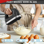 Lord Eagle Hand Mixer Electric 400W, 5 Speed handheld Mixer, 5 Stainless Steel Accessories for Baking Cake Egg Cream Food Beater, Turbo Boost/Self-Control Speed + Eject Button
