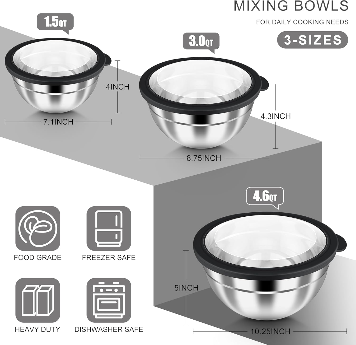 HaWare Mixing Bowls with Airtight Clear Lids, 6-Piece Stainless Steel Strong Nesting Bowls Set, Metal Salad Bowl for Cooking, Prepping, Baking, Serving & Food Storage, Size 4.6, 3, 1.5QT, Black