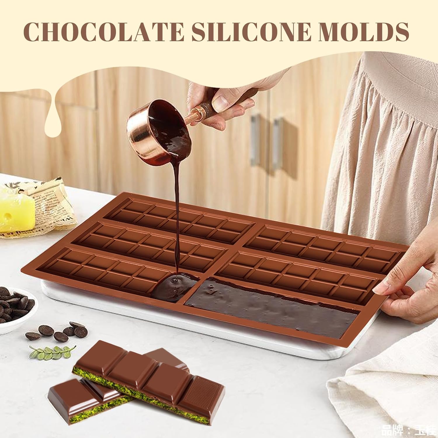 2 Pack Chocolate Bar Mold Deep for Stuffed Bar, Non-Stick Thick Chocolate Molds, Silicone Chocolate Candy Molds for Knafeh Pistachio Chocolate Bar, Candy, DIY Handmade Gifts (2 Pcs 10Snap)