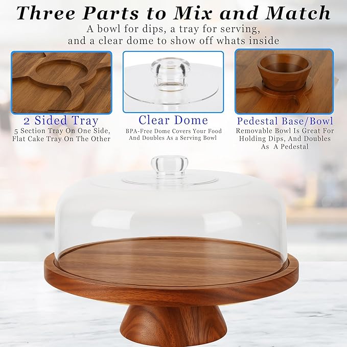 JOEY'Z 6 in 1 Large Acacia Wood Cake Stand with Lid - Multiuse Wooden Cake Stand with Dome Acrylic Cake Cover/Cake Dome - Cake Holder With Lid - Cake Stands
