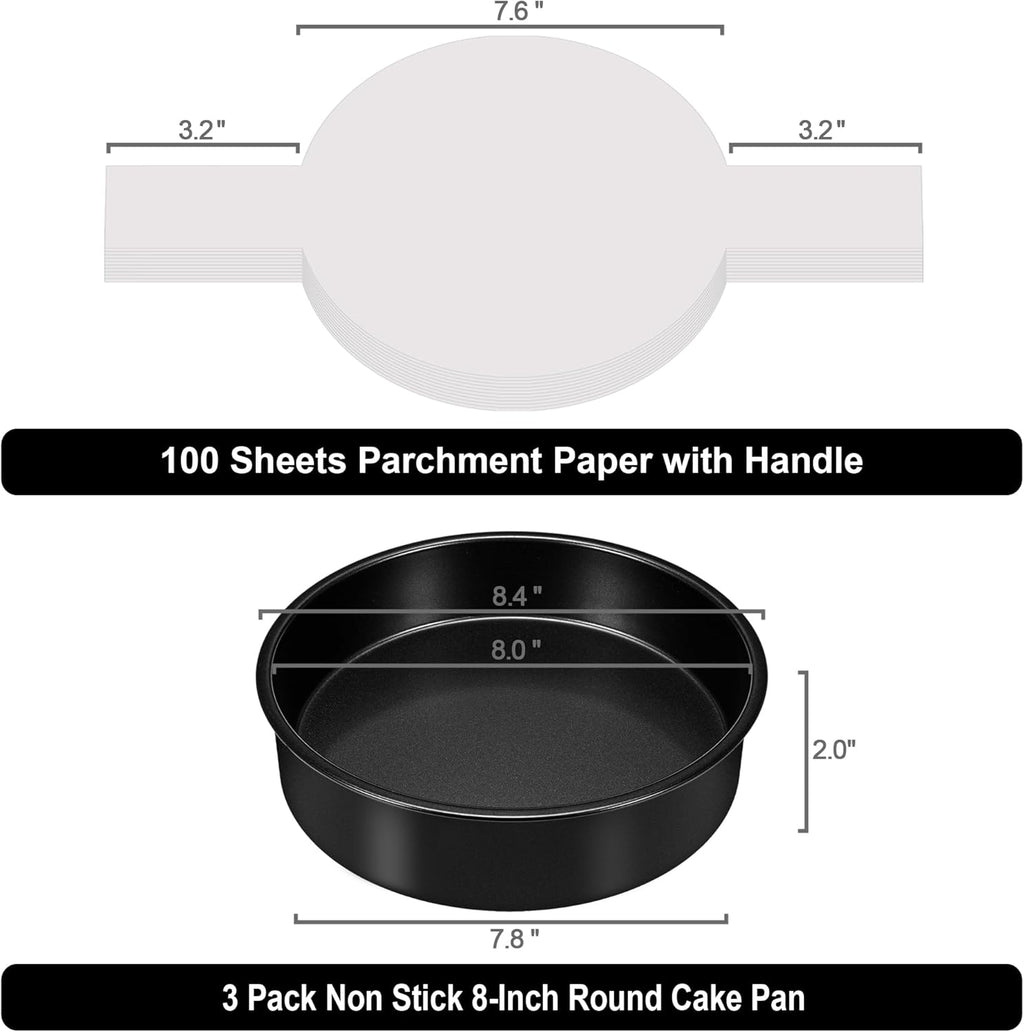 8 Inch Cake Pan Set of 3, Nonstick Baking Pans Set with 100PCS Pre-cut Parchment Paper for Layer Cakes, Durable Round Cake Pans Sets for Baking for Birthday Christmas, Dishwasher Safe