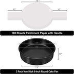 8 Inch Cake Pan Set of 3, Nonstick Baking Pans Set with 100PCS Pre-cut Parchment Paper for Layer Cakes, Durable Round Cake Pans Sets for Baking for Birthday Christmas, Dishwasher Safe