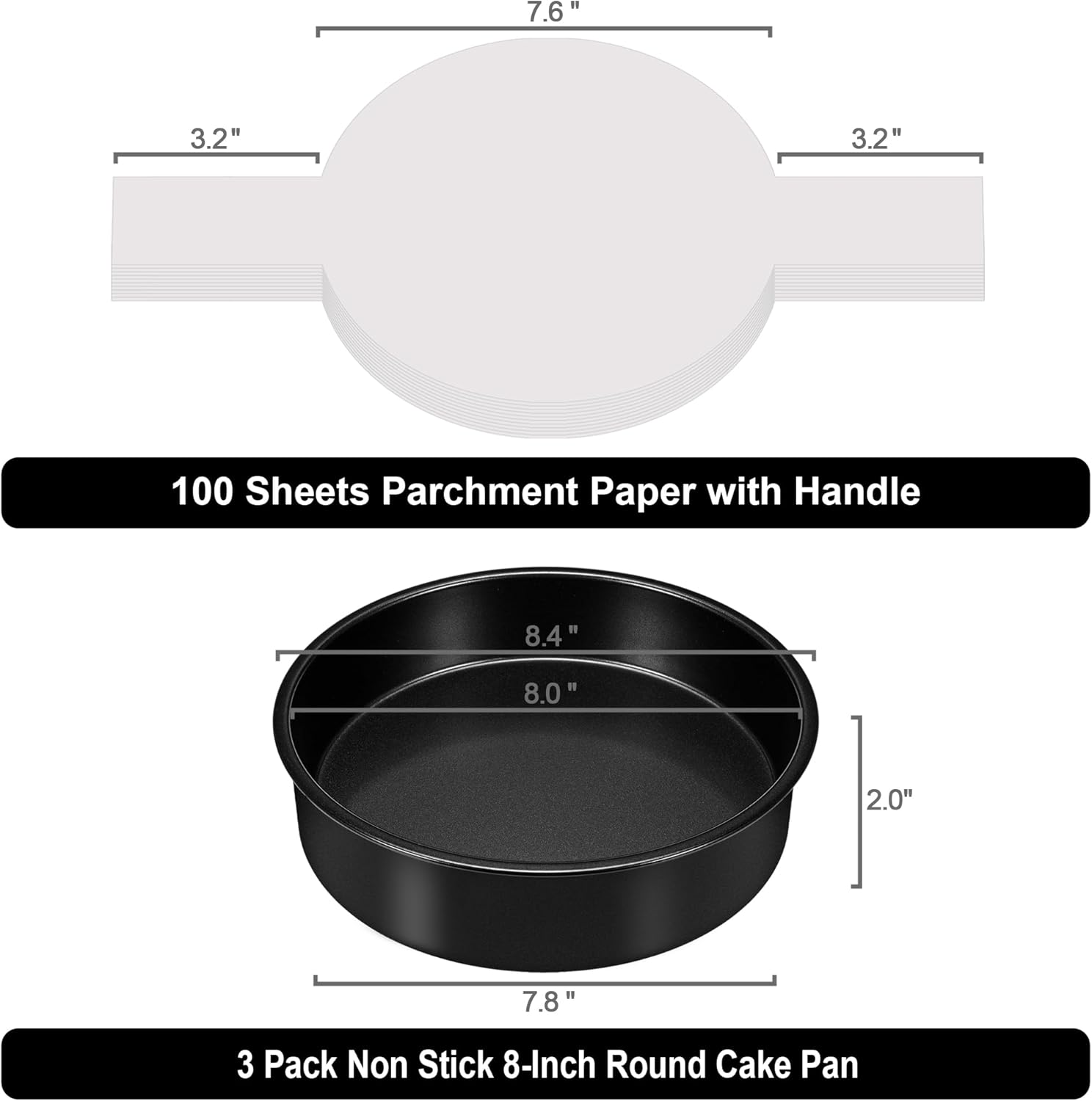 8 Inch Cake Pan Set of 3, Nonstick Baking Pans Set with 100PCS Pre-cut Parchment Paper for Layer Cakes, Durable Round Cake Pans Sets for Baking for Birthday Christmas, Dishwasher Safe