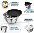 TeamFar Mixing Bowls, 4.6/3 / 1.5 QT, Stainless Steel Nesting Salad Bowls with Airtight Lids Set, For Serving/Mixing/Storing, Healthy & Long-lasting, Dishwasher Safe & Easy Clean, Black