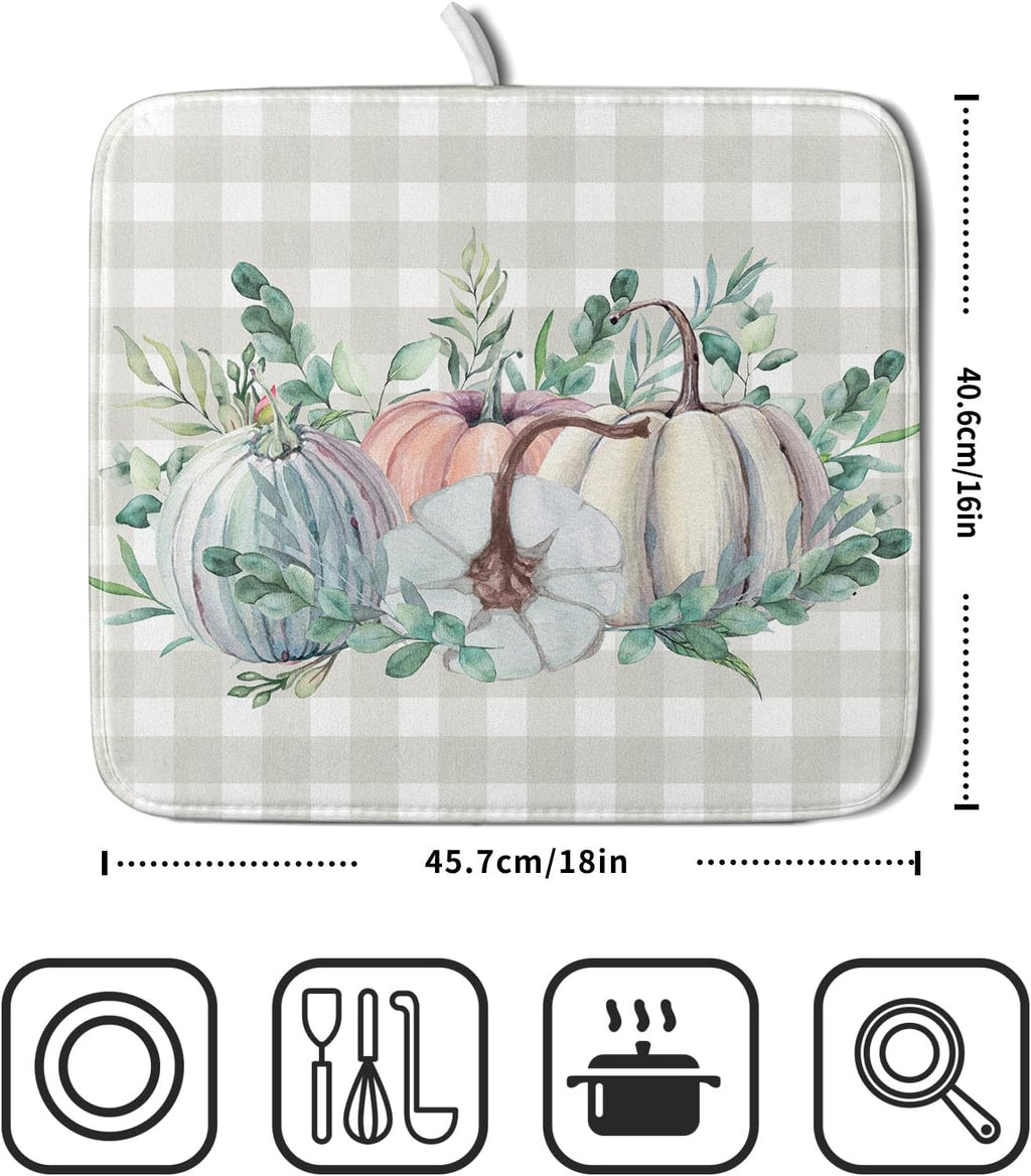 Fall Colorful Pumpkin Dish Drying Mat for Kitchen Counter,Green Leaves Drying Mat with Hanging Loop 16 x 18 Inch Microfiber Grey White Check Plaids Dish Drying Pad Dish Rack Drainer Mat for Coffee Bar
